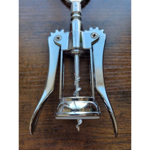 Silver Corkscrew Wine Bottle Opener w/Fins - Push Down - Used - Italy - Picture 3 of 10